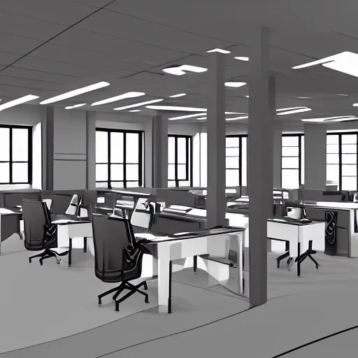 Image similar to a line drawing of an office with chairs and desks, a computer rendering by senior environment artist, polycount, bauhaus, matte drawing, ambient occlusion, global illumination