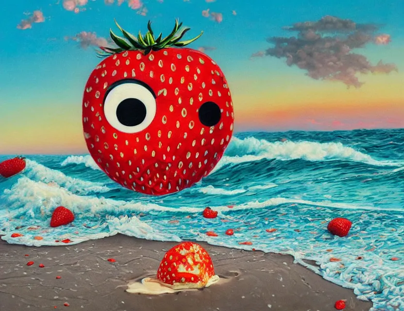 Prompt: a very detailed realistic oil painting with rough brush of a lazy red burned tomato with 1 0 googly eyes on a beach, big piles of strawberry icecream surfing into the sky, a sunset by james jean in japanese poster style