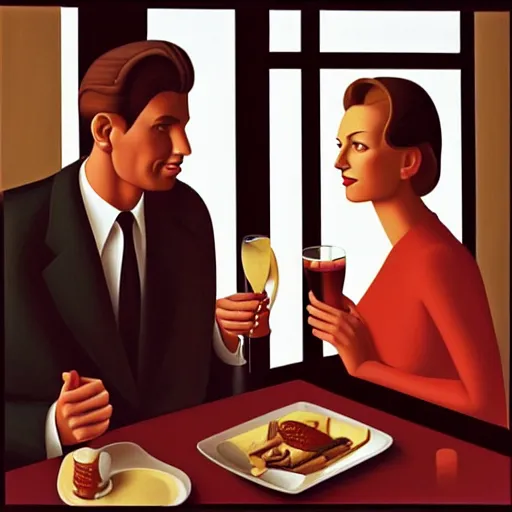 Prompt: woman and man at a restaurant by kenton nelson