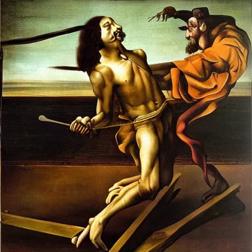 Prompt: duel between Salvador Dali and Leonardo Davinci