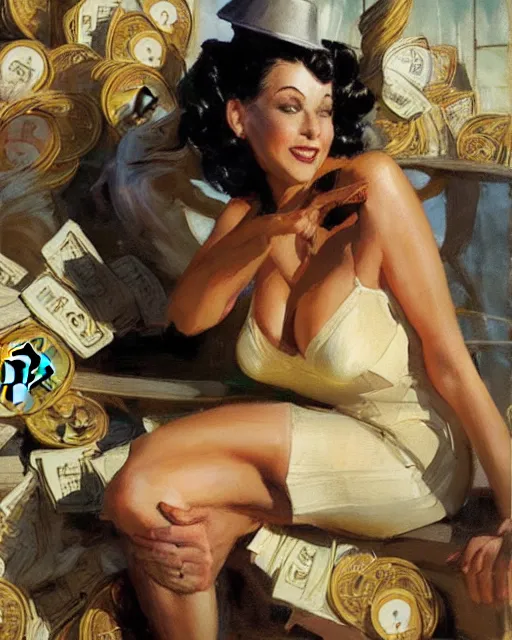 Image similar to burlesque woman selling bitcoin, commercial, buy bitcoin, craig mullins, j. c. leyendecker