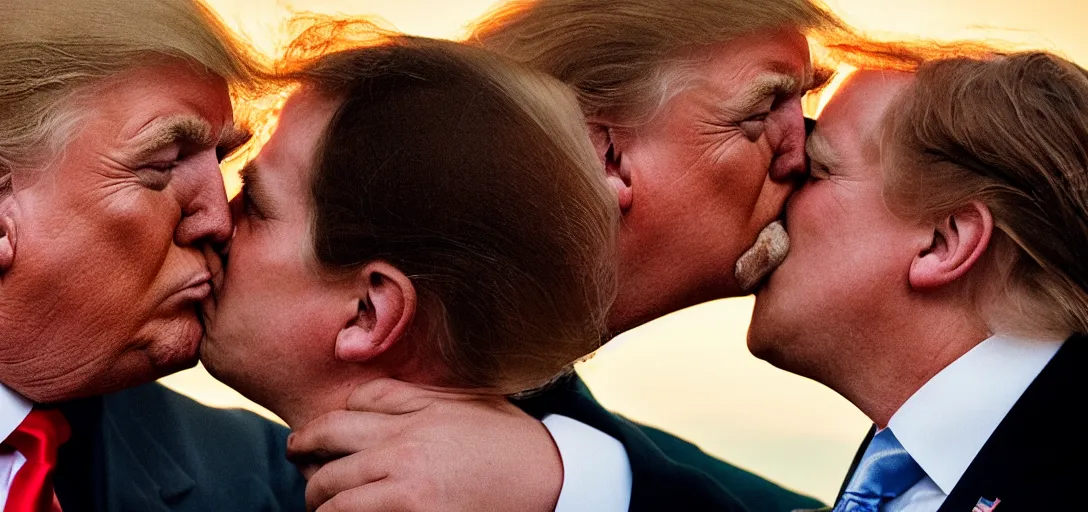 Image similar to beautiful high quality romantic portrait photo of donald trump kissing donald trump. hq. hdr. golden hour. donald trump and donald trump kissing on the lips. very high resolution. amazing lighting.
