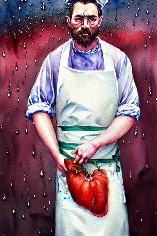 Image similar to watercolor portrait of a butcher with a white apron, raining, romantisism, outrun, pastel colors, painting, moody, detailed, by android jones