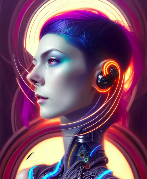 Prompt: a whirlwind of souls rushing inside the metaverse, half body, jewelry, fashionable short haircut, headset, android, cyborg, cyberpunk face, by loish, d & d, fantasy, intricate, elegant, highly detailed, colorful, vivid color, digital painting, artstation, concept art, art by artgerm and greg rutkowski and alphonse mucha