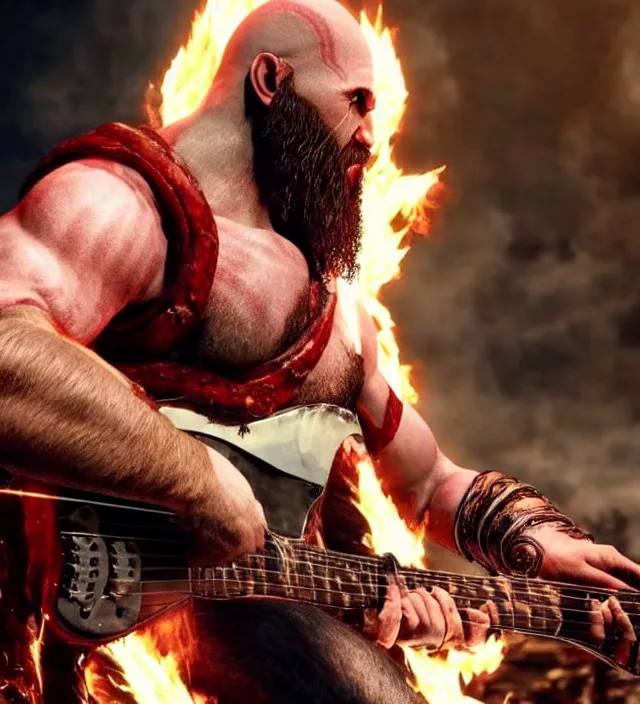 Image similar to kratos shredding on a flaming stratocaster guitar, cinematic render, god of war 2 0 1 8, santa monica studio official media, lightning, stripe over eye