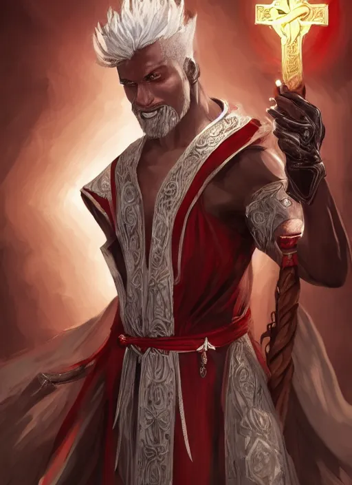 Image similar to a highly detailed illustration of white haired african priest, wearing cross on robe, wielding red blades made of blood, evil standing smiling pose, gothic church background, muscular, intricate, elegant, highly detailed, centered, digital painting, artstation, concept art, smooth, sharp focus, league of legends concept art, WLOP