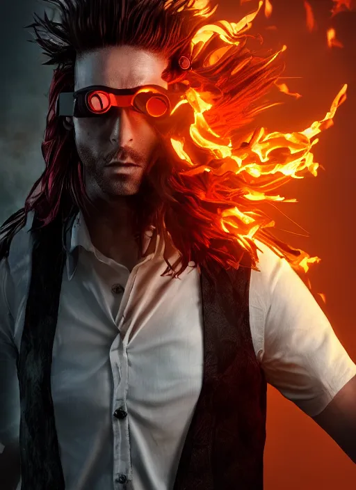 Image similar to An epic fantasy comic book style portrait painting of man with red spiked long hair, using googles. Wearing a black waistcoat, white shirt. Fire on his hands. Unreal 5, DAZ, hyperrealistic, octane render, cosplay, RPG portrait, dynamic lighting