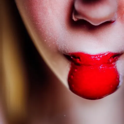 Prompt: Close-up photo of a red lollipop on a woman's open lips, rule of thirds, depth of field, realistic, dimly lit background