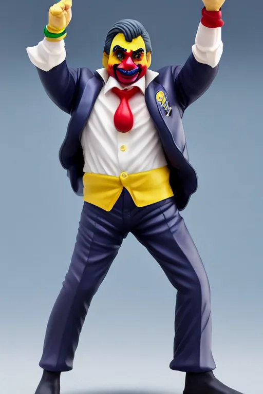 Prompt: still high quality figurine of president bolsonaro as a clown, tsurime eyes, tareme eyes, personification, dynamic pose, detailed product photo, featured on amiami, tone mapped, beautiful composition, 8 5 mm, f. 1 4