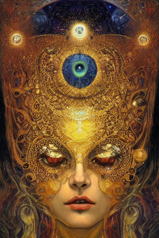 Image similar to Divine Chaos Engine by Karol Bak, Jean Deville, Gustav Klimt, and Vincent Van Gogh, sacred geometry, visionary, mystic, fractal structures, ornate gilded medieval icon, third eye, spirals