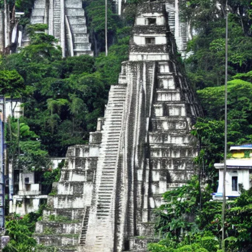 Prompt: a photo of cyberpunk city of tikal in guatemala with futuristic architecture and futuristic mayan aesthetic