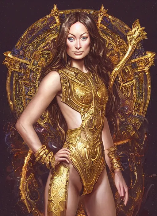 Image similar to a professional painting of a young Olivia Wilde, wearing skimpy ornate, detailed, intricate golden armor, olive skin, long dark hair, beautiful bone structure, symmetrical facial features, intricate, elegant, digital painting, concept art, smooth, nice background bokeh, illustration, from StarCraft by Ruan Jia and Mandy Jurgens and Artgerm and William-Adolphe Bouguerea