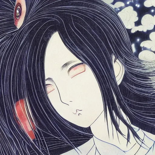 Image similar to yoshitaka amano blurred and dreamy realistic illustration of a young japanese woman in anime style with black eyes, wavy white hair fluttering in the wind wearing dress suit with tie, junji ito abstract patterns in the background, satoshi kon anime, noisy film grain effect, highly detailed, renaissance oil painting, weird portrait angle, blurred lost edges, three quarter view