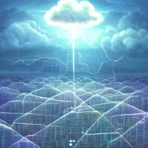 Image similar to this is a beautiful surreal scenery artwork from pixiv. it includes gigantic living inside network of cloud computing material, cloud buildings with internal computer infinites. god lighting, rays, sublimely cold color palette. insanely detailed, artstation!! pixiv!! infinitely detailed