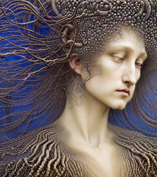 Prompt: detailed realistic beautiful storm goddess face portrait by jean delville, gustave dore, iris van herpen and marco mazzoni, art forms of nature by ernst haeckel, art nouveau, symbolist, visionary, gothic, neo - gothic, pre - raphaelite, fractal lace, intricate alien botanicals, ai biodiversity, surreality, hyperdetailed ultrasharp octane render