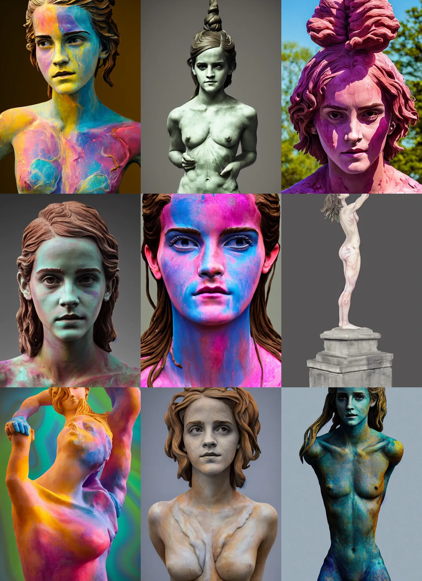 Prompt: statue sculpture of Emma Watson by Jean-Baptiste Carpeaux and Luo Li Rong and Michael James Talbot, all body, standing athletic pose, perfect symmetrical face, psychedelic colors, bodypaint, acrylic paint splashes, in full growth, elegant, realistic, 8K, female full-skin figure, hyperrealism, subsurface scattering, raytracing, rim light, Octane Render, Redshift, Zbrush