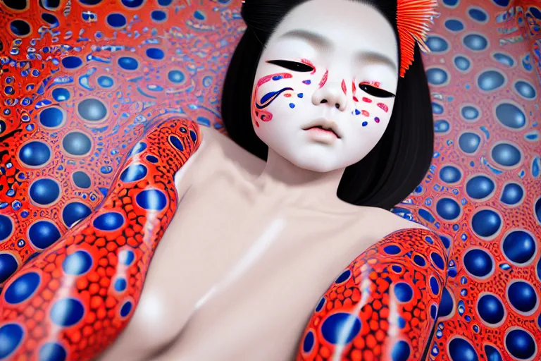 Image similar to hyperrealistic detailed image of a geisha laying in a art installation room, hd smooth interior by yayoi kusama, part by kei mieno, part by alex gray, part by ross tran, part by james jean, ultra realistic, highly detailed, life like face, detailed body, 8 k, octane render, trending on artstation, very cohesive, masterpiece