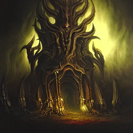 Prompt: chtulhu attacks, atmospheric lighting, painted, intricate, volumetric light, ultra detailed by giger