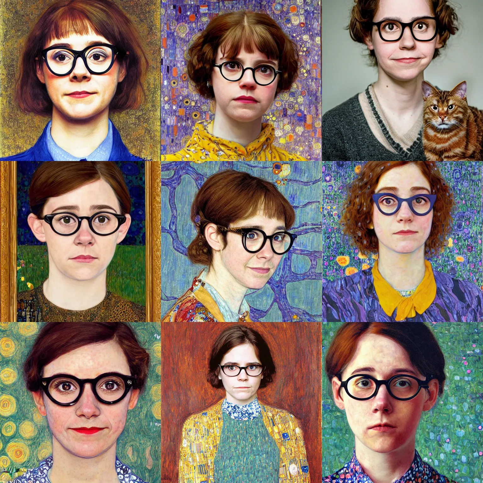 Prompt: a portrait of female asa Butterfield mixed with pam beesly, a slight smile, she is wearing cat-eye glasses by gustav klimt