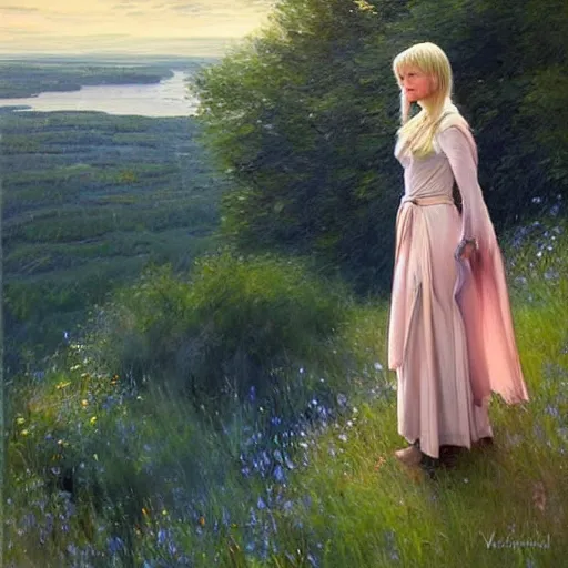 Image similar to blonde female jedi knight watching over the swedish countryside, archipelago, masterpiece, highly detailed, beautiful, atmospheric, impressionism, painting by Vladimir Volegov