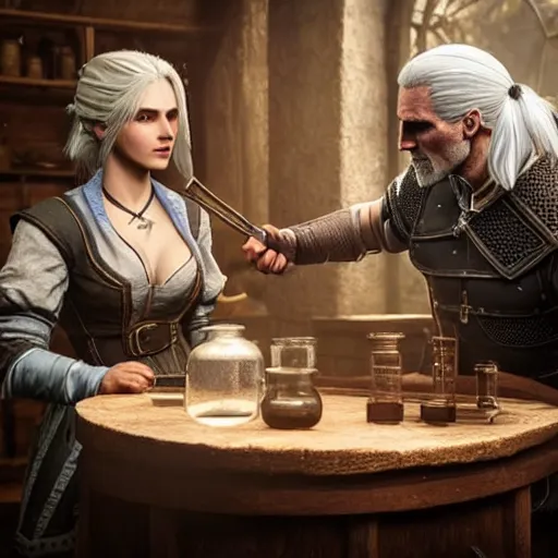 Prompt: geralt of rivia teaching ciri how to make potions in an alchemy lab, stunning 3 d render, perfect facial symmetry, flesh texture, realistic, highly detailed attributes and atmosphere, dim volumetric cinematic lighting, 8 k octane detailed render, post - processing, masterpiece, rtx on, rendering on unreal engine