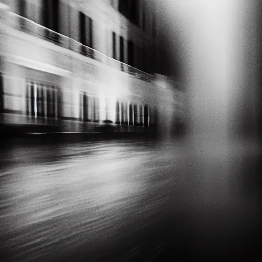 Image similar to an abstract photograph of a lonely male shadowy figure, he is dancing, there is a dark street, it is flooded with water, long exposure, motion blur, 35mm, black-and-white