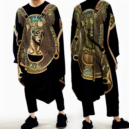 Prompt: ancient greek philosphers wearing gucci versace intricate textile chiton himation cloak tunic detailed design japanese kanji streetwear cyberpunk modern fashion black asian afro