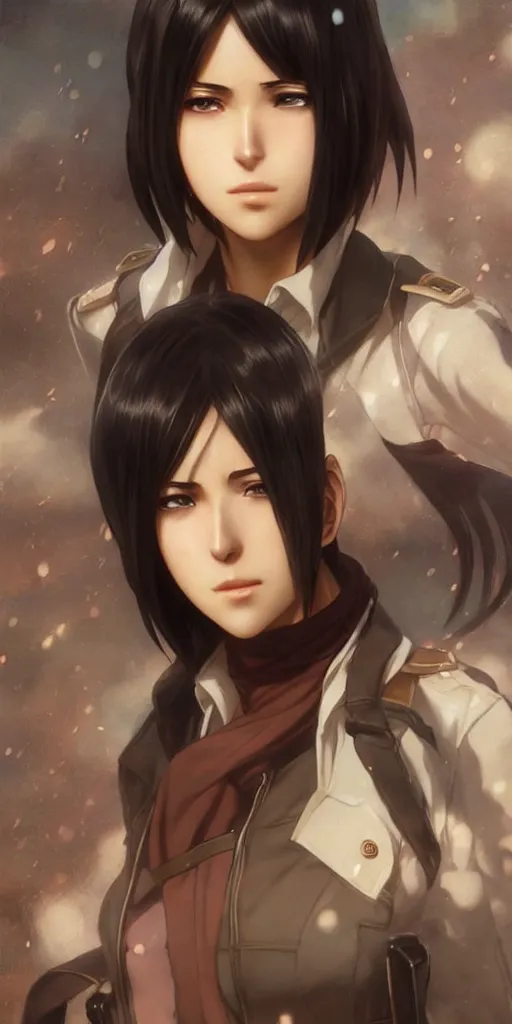 Image similar to mikasa ackerman, hero pose, medium shot, bokeh, beautiful face!!!!, 2 7 years old, cg animation, lifelike, animated, realistic, character select portrait, by artgerm, greg rutkowski, alphonse mucha, 3 d