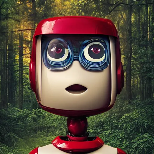 Prompt: very cute robot, portrait, pixar style, forest background, cinematic lighting, award winning creature portrait photography