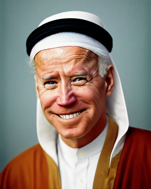 Prompt: a photo of joe biden as a muslim sheikh from the middle east, portrait, ektachrome, closeup, f / 2. 8