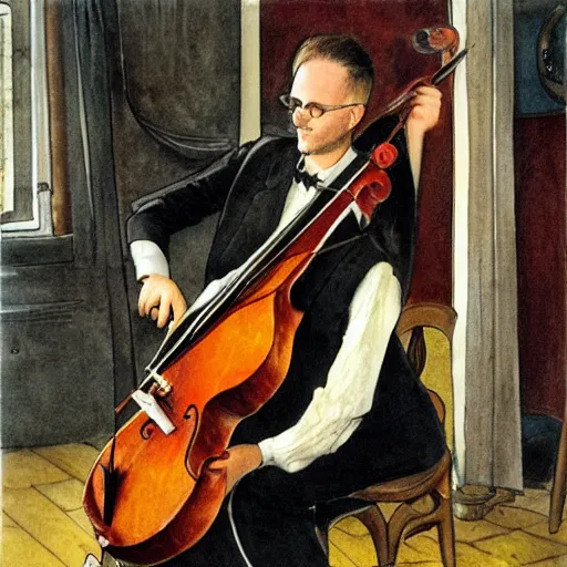 Prompt: simon brehm playing an acoustic double bass in the style of carl larsson