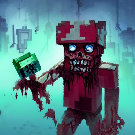 Image similar to painting by greg rutkowski of a minecraft drowned zombie with glowing cyan eyes, wearing ragged clothing and and algae growing on it, holding a trident, underwater