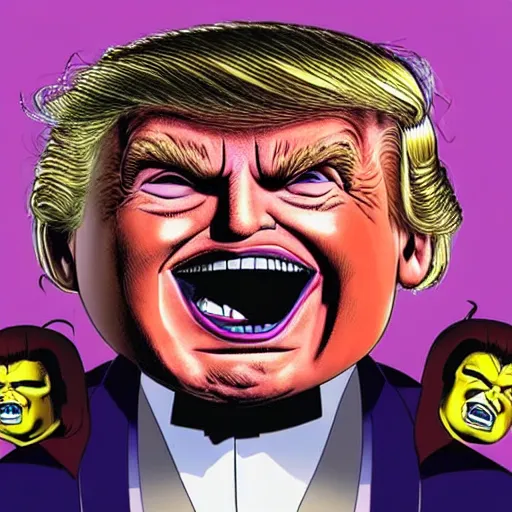 Image similar to donald trump's head as modok, the mental organism designed only for killing, little man in hovering throne, full body, psychic alien with huge head, marvel supervillain character