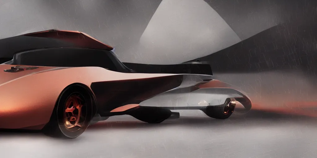 Image similar to a design of a futuristic Corvette C2 1969, designed by Polestar, blade runner background, stained antique copper car paint, black windows, dark show room, dramatic lighting, hyper realistic render, depth of field