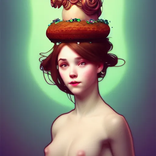 Image similar to portrait of a girl with a bundt cake on her head, digital art, cinematic, concept art, 8k, painting, imaginefx, cgsociety, art nouveau, Alphonse Mucha, trending on artstation, wide shot, full shot