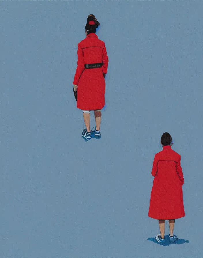 Image similar to wide shot rear view photographer woman hair in a bun long red stripe coat backpack sneakers grasping a nikon camera in hand while looking out over a placid blue lake, a character design painting, in the style of wes anderson, lola dupre, david hockney, isolated on negative white space background dark monochrome fluorescent spraypaint accents volumetric octane render, no double figure