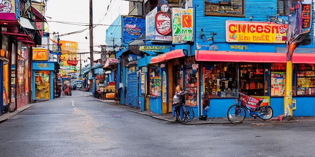 Image similar to City Street, Intersection, Storefront, alleyway, beer advertisement, bicycle in background, blue chairs, blue table, city street lights, clumps of bananas, colored light, colorful umbrella, convenience store, dark blue sky, dingy city street, exiting store, getting groceries, hilly road, korean writing, looking down street, moped, raining, smoking outside, tan suit, wet road, wet street, white shoes, wires hanging above street, wires in background, very high quality photography, dusk, cinematic.