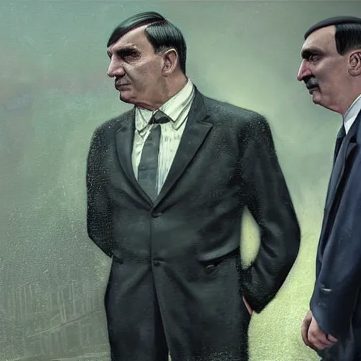 Image similar to hyperrealistic mixed media image of Jair bolsonaro and Adolph Hitler, stunning 3d render inspired art by István Sándorfi and Greg Rutkowski, perfect facial symmetry, realistic, highly detailed attributes and atmosphere, dim volumetric cinematic lighting, 8k octane extremely hyper-detailed render, post-processing, masterpiece,