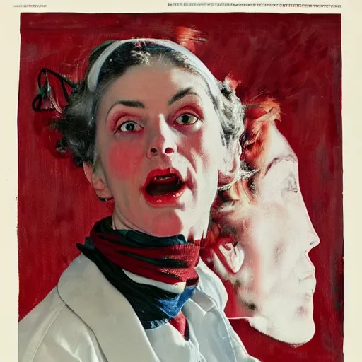 Image similar to Frontal portrait of a science fiction woman with a hysterical facial expression. White and red color palette. Norman Rockwell painting.