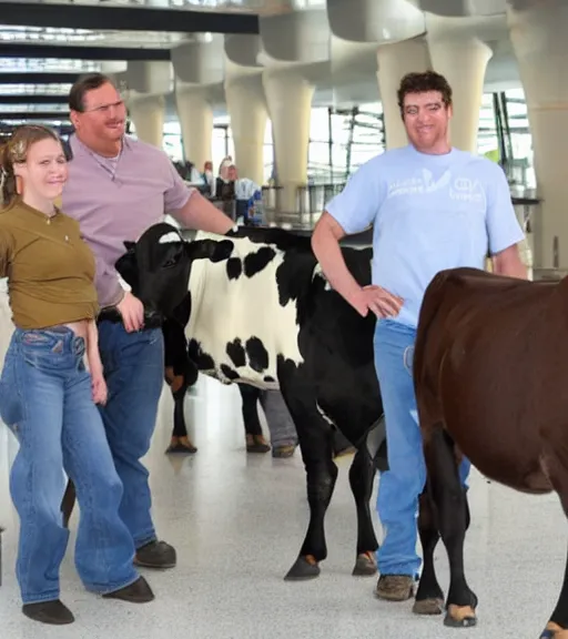 Prompt: people with dairy cow mix at the airport