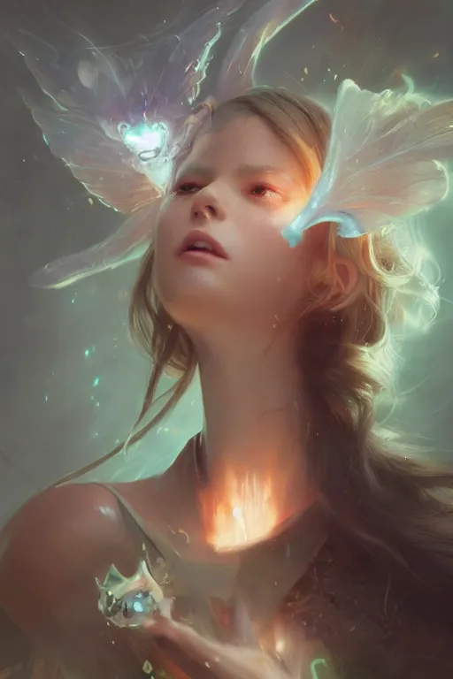 Image similar to face closeup beautiful girl fairy casting spell, 3 d render, holding electricity, hyper realistic detailed portrait, ruan jia, wlop, fantasy, hyper detailed, octane render, concept art, peter mohrbacher