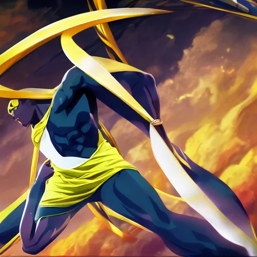 Image similar to portrait of usain bolt the incarnation of hermes, anime fantasy illustration by tomoyuki yamasaki, kyoto studio, madhouse, ufotable, square enix, cinematic lighting, trending on artstation