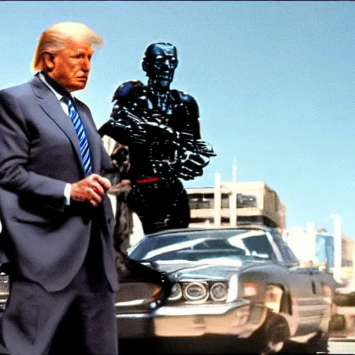 Image similar to joe biden in the terminator executing donald trump, cinematic, establishing shot, extremly high detail, photorealistic, cinematic lighting, style by James Gurney