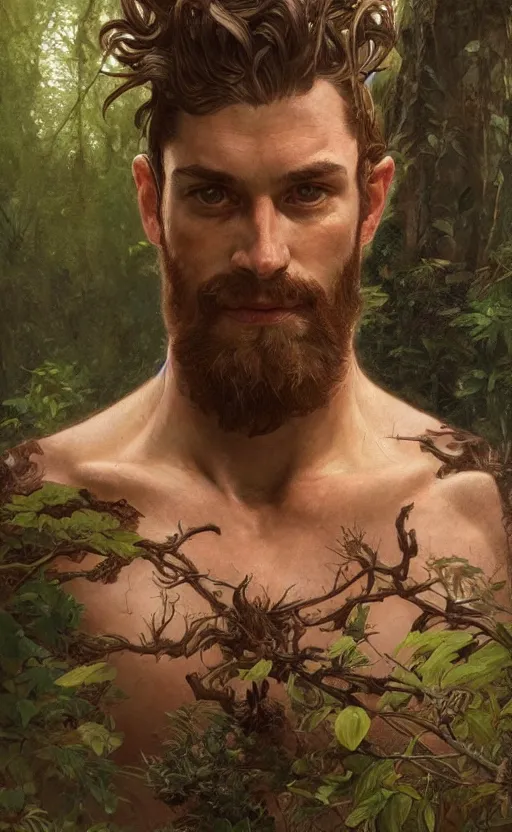 Image similar to portrait of the god of the forest, 25 years old, rugged, male, gorgeous, detailed face, amazing, thighs!!!!!!, muscular, intricate, highly detailed, digital painting, artstation, concept art, sharp focus, illustration, art by greg rutkowski and alphonse mucha