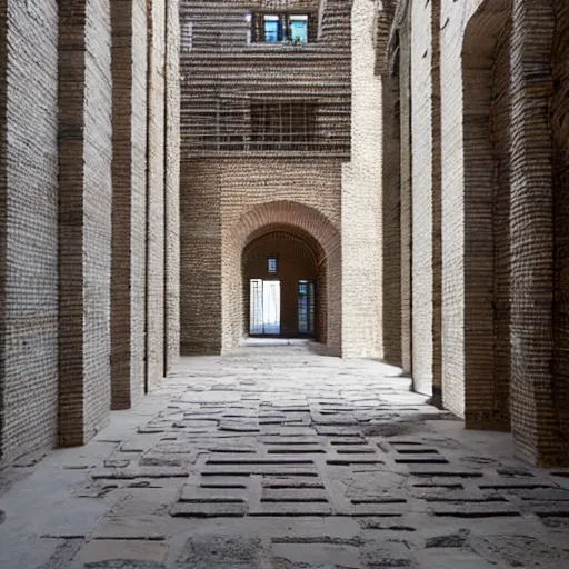Image similar to courtyard of a monastary made of resursively stacked bricks, fusion of carlo scarpa and thomas heatherwick, architectural photography