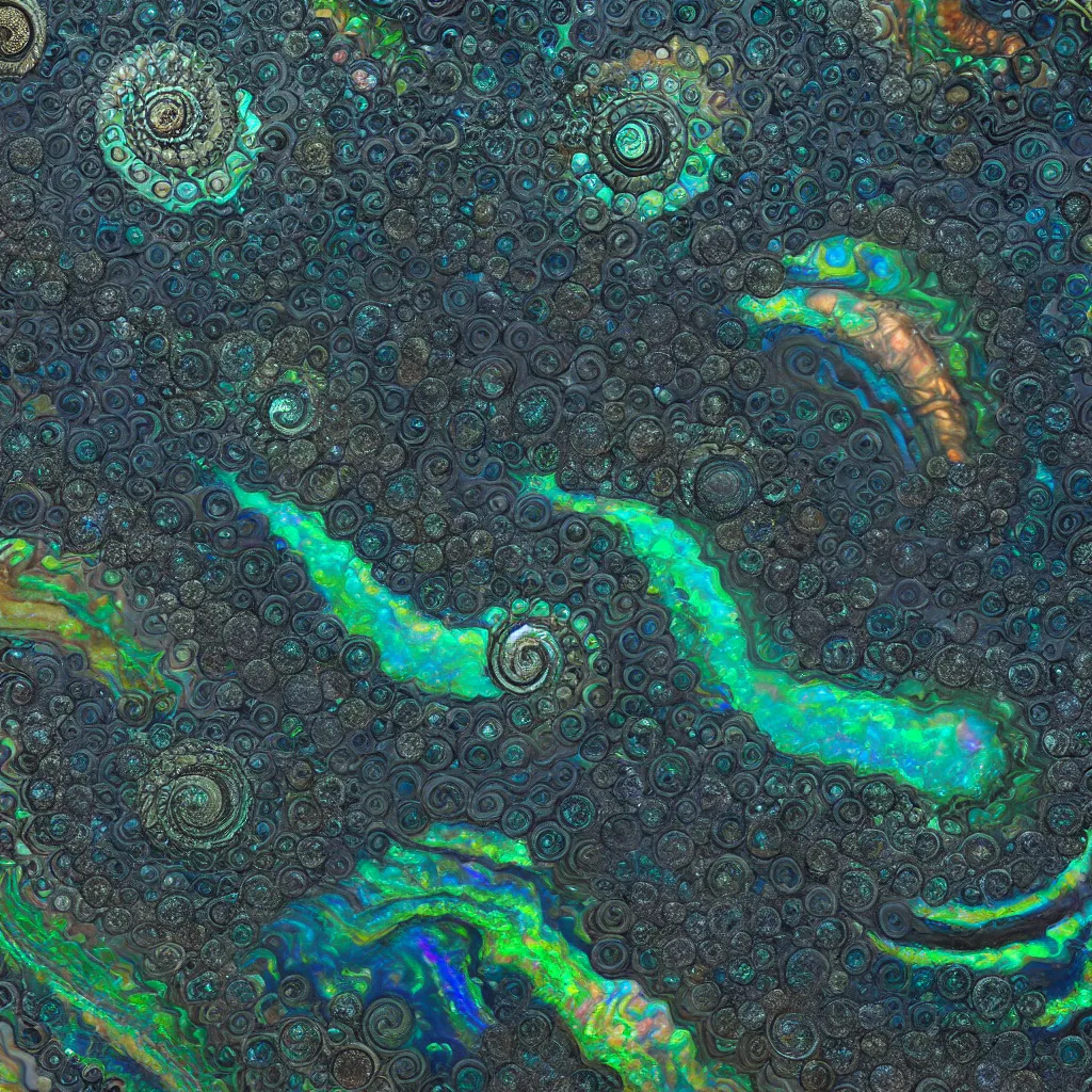 Prompt: art nouveau cresting oil slick waves, ammonites, hyperdetailed bubbles in a shiny iridescent oil slick wave, ammolite, black opals, rococo, organic rippling spirals, octane render, 8 k 3 d, spirals, glistening seafoam, abalone, ammonite, druzy geode