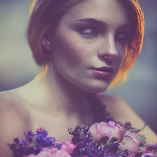 Image similar to portrait of a beautiful women, close up, matte paint, elegant flowers all around her, angelic, golden hour