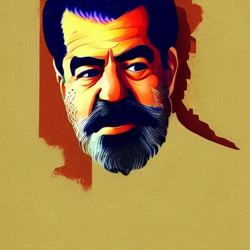 Prompt: portrait of Saddam Hussein, Baghdad skyline background, washed out colors, ambient lighting, dynamic lighting, lens flare, 4K, HQ, official media, detailed, trending on artstation