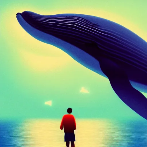 Prompt: Man looking at a whale in the sky, artstation, colourful, detailed, fantasy digital art, beautiful composition, masterpiece, artstation