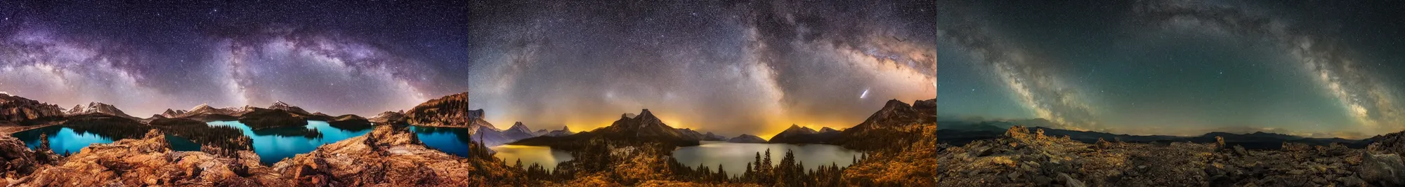 Prompt: beautiful nighttime landscape photography of the Rocky Mountains with a crystal blue lake, milky way galaxy sky, serene, dramatic lighting.